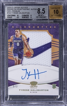 2020/21 Panini Crown Royale "Rookie Silhouettes Material Autographs" FOTL Premium #134 Tyrese Haliburton Signed Nike Patch Rookie Card (#3/3) - BGS NM-MT+ 8.5/BGS 10 
